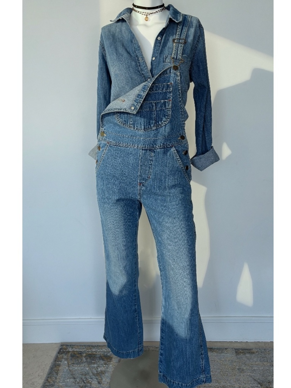 R4R Jeans Y2K Denim Overalls Flare Leg Light Wash XS/S